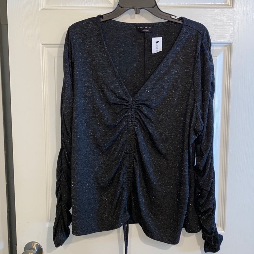Lane Bryant Black Sliver Metallic Top V Neck Rouched Long Sleeve Plus Size 18/20
